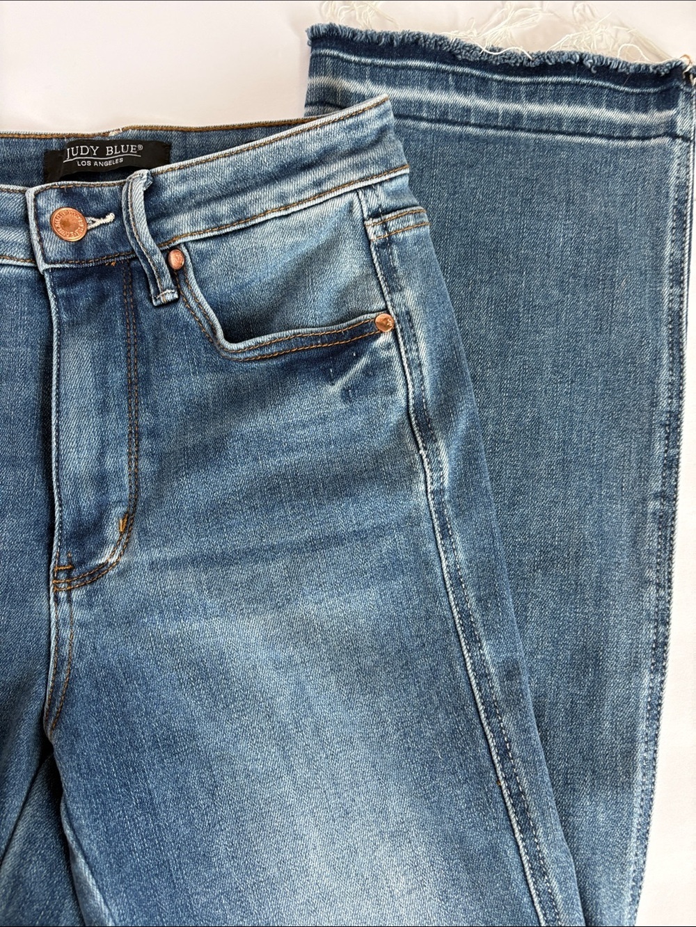 Judy Blue High Waist Slim Boot Cut unfinished hem 5 pocket zip close blue jean - Picture 4 of 16
